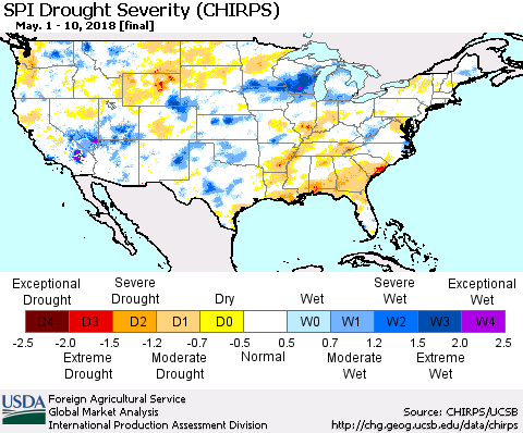 United States SPI Drought Severity (CHIRPS) Thematic Map For 5/1/2018 - 5/10/2018