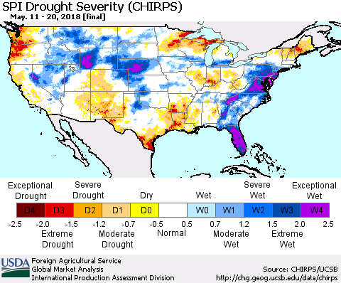 United States SPI Drought Severity (CHIRPS) Thematic Map For 5/11/2018 - 5/20/2018