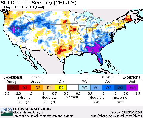 United States SPI Drought Severity (CHIRPS) Thematic Map For 5/21/2018 - 5/31/2018