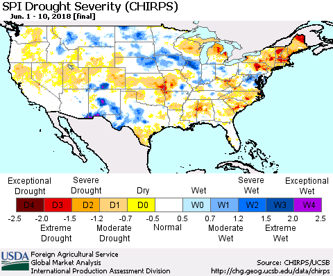 United States SPI Drought Severity (CHIRPS) Thematic Map For 6/1/2018 - 6/10/2018