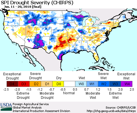 United States SPI Drought Severity (CHIRPS) Thematic Map For 6/11/2018 - 6/20/2018