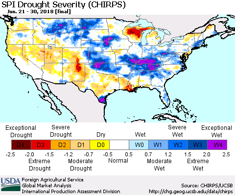 United States SPI Drought Severity (CHIRPS) Thematic Map For 6/21/2018 - 6/30/2018