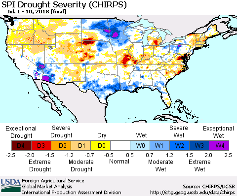 United States SPI Drought Severity (CHIRPS) Thematic Map For 7/1/2018 - 7/10/2018