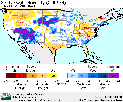 United States SPI Drought Severity (CHIRPS) Thematic Map For 7/11/2018 - 7/20/2018