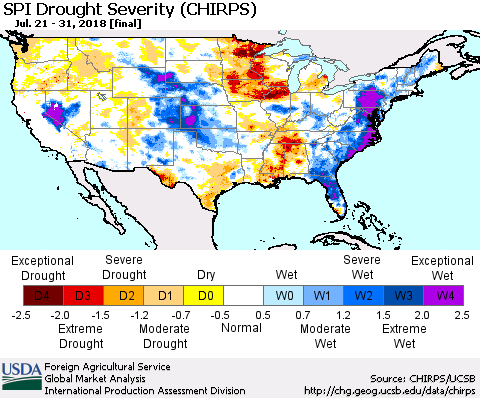 United States SPI Drought Severity (CHIRPS) Thematic Map For 7/21/2018 - 7/31/2018