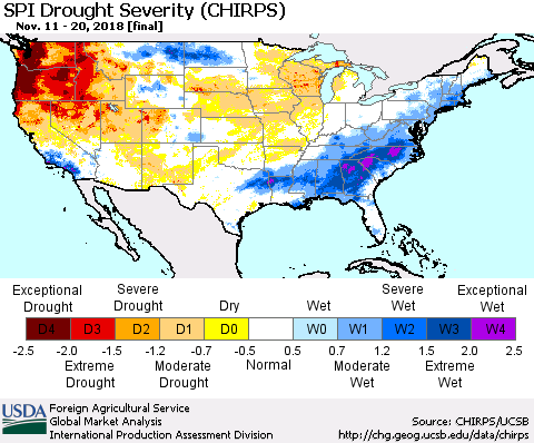 United States SPI Drought Severity (CHIRPS) Thematic Map For 11/11/2018 - 11/20/2018