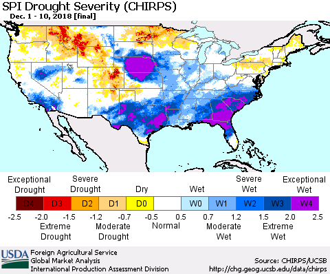 United States SPI Drought Severity (CHIRPS) Thematic Map For 12/1/2018 - 12/10/2018