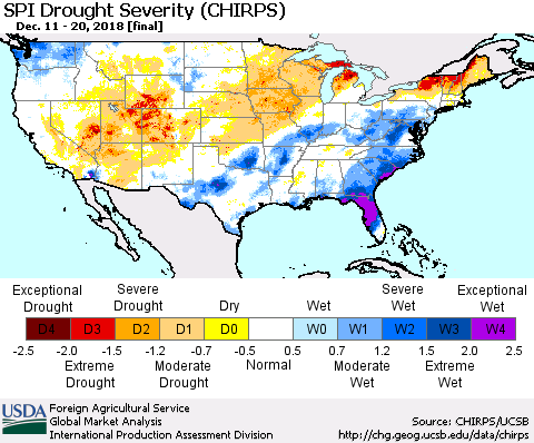 United States SPI Drought Severity (CHIRPS) Thematic Map For 12/11/2018 - 12/20/2018