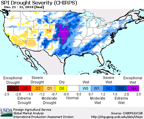 United States SPI Drought Severity (CHIRPS) Thematic Map For 12/21/2018 - 12/31/2018