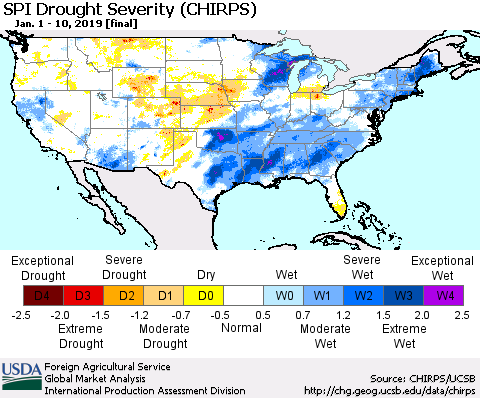 United States SPI Drought Severity (CHIRPS) Thematic Map For 1/1/2019 - 1/10/2019
