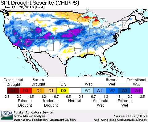 United States SPI Drought Severity (CHIRPS) Thematic Map For 1/11/2019 - 1/20/2019