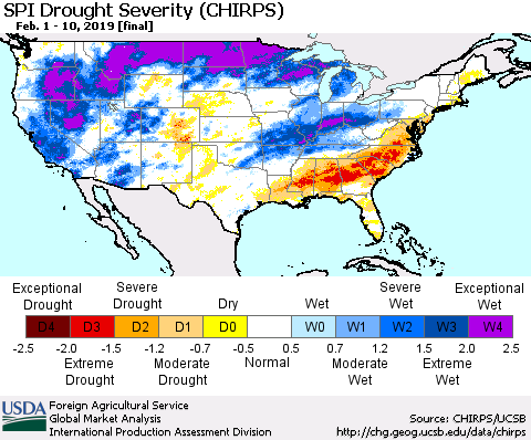 United States SPI Drought Severity (CHIRPS) Thematic Map For 2/1/2019 - 2/10/2019