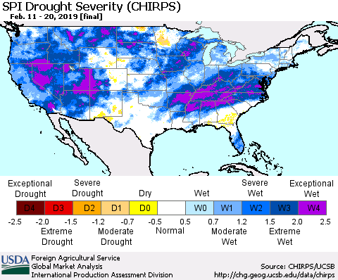 United States SPI Drought Severity (CHIRPS) Thematic Map For 2/11/2019 - 2/20/2019