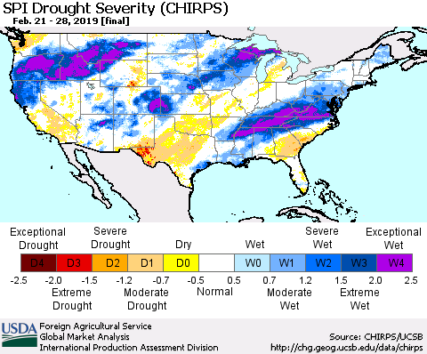 United States SPI Drought Severity (CHIRPS) Thematic Map For 2/21/2019 - 2/28/2019