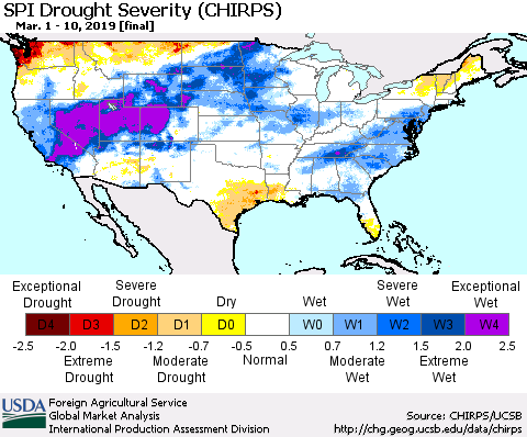 United States SPI Drought Severity (CHIRPS) Thematic Map For 3/1/2019 - 3/10/2019