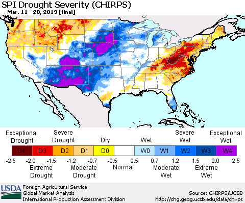 United States SPI Drought Severity (CHIRPS) Thematic Map For 3/11/2019 - 3/20/2019