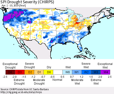 United States SPI Drought Severity (CHIRPS) Thematic Map For 4/1/2019 - 4/10/2019