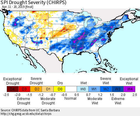 United States SPI Drought Severity (CHIRPS) Thematic Map For 4/11/2019 - 4/20/2019