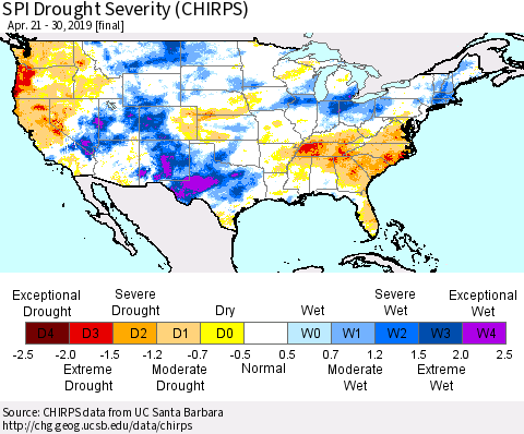 United States SPI Drought Severity (CHIRPS) Thematic Map For 4/21/2019 - 4/30/2019