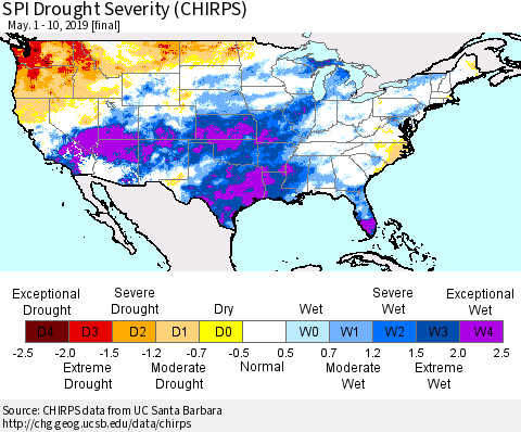 United States SPI Drought Severity (CHIRPS) Thematic Map For 5/1/2019 - 5/10/2019