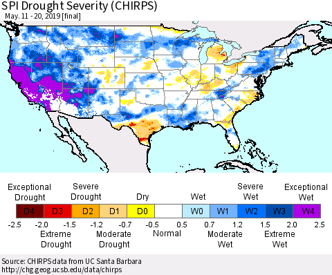 United States SPI Drought Severity (CHIRPS) Thematic Map For 5/11/2019 - 5/20/2019
