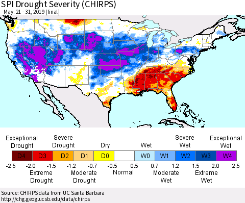 United States SPI Drought Severity (CHIRPS) Thematic Map For 5/21/2019 - 5/31/2019