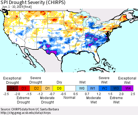 United States SPI Drought Severity (CHIRPS) Thematic Map For 6/1/2019 - 6/10/2019
