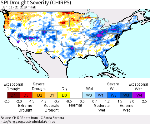United States SPI Drought Severity (CHIRPS) Thematic Map For 6/11/2019 - 6/20/2019
