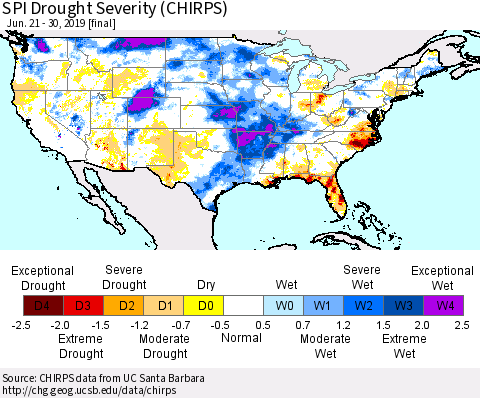 United States SPI Drought Severity (CHIRPS) Thematic Map For 6/21/2019 - 6/30/2019