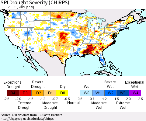 United States SPI Drought Severity (CHIRPS) Thematic Map For 7/21/2019 - 7/31/2019