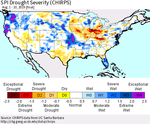 United States SPI Drought Severity (CHIRPS) Thematic Map For 8/1/2019 - 8/10/2019