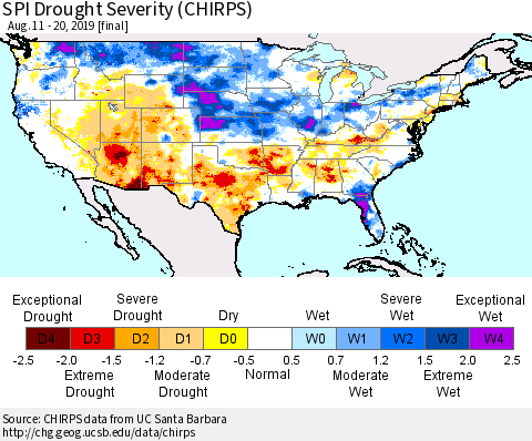 United States SPI Drought Severity (CHIRPS) Thematic Map For 8/11/2019 - 8/20/2019