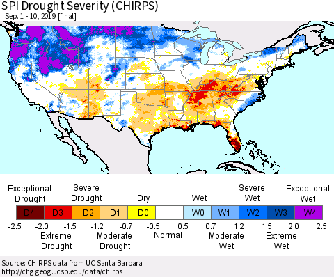 United States SPI Drought Severity (CHIRPS) Thematic Map For 9/1/2019 - 9/10/2019