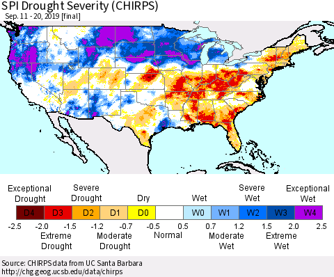 United States SPI Drought Severity (CHIRPS) Thematic Map For 9/11/2019 - 9/20/2019