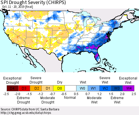 United States SPI Drought Severity (CHIRPS) Thematic Map For 10/11/2019 - 10/20/2019