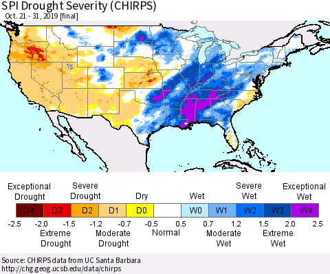 United States SPI Drought Severity (CHIRPS) Thematic Map For 10/21/2019 - 10/31/2019