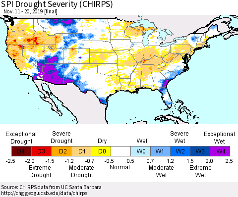 United States SPI Drought Severity (CHIRPS) Thematic Map For 11/11/2019 - 11/20/2019