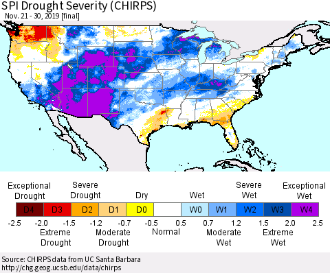 United States SPI Drought Severity (CHIRPS) Thematic Map For 11/21/2019 - 11/30/2019