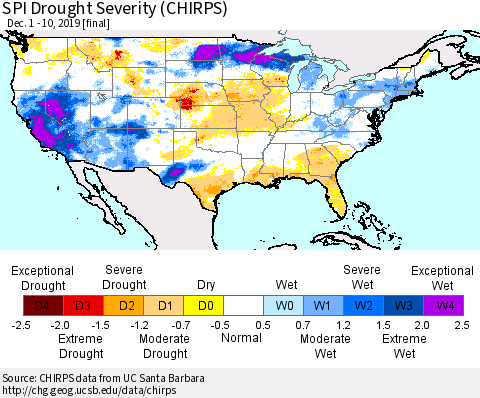 United States SPI Drought Severity (CHIRPS) Thematic Map For 12/1/2019 - 12/10/2019