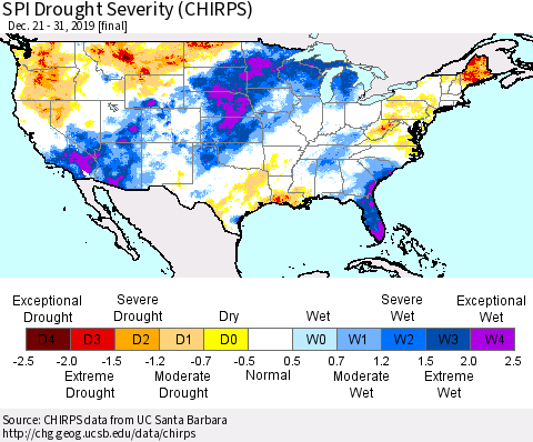 United States SPI Drought Severity (CHIRPS) Thematic Map For 12/21/2019 - 12/31/2019