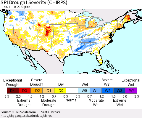 United States SPI Drought Severity (CHIRPS) Thematic Map For 1/1/2020 - 1/10/2020