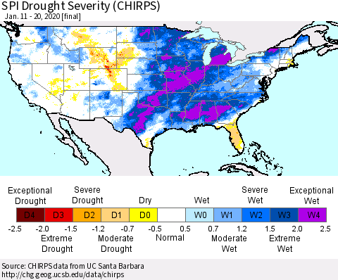 United States SPI Drought Severity (CHIRPS) Thematic Map For 1/11/2020 - 1/20/2020
