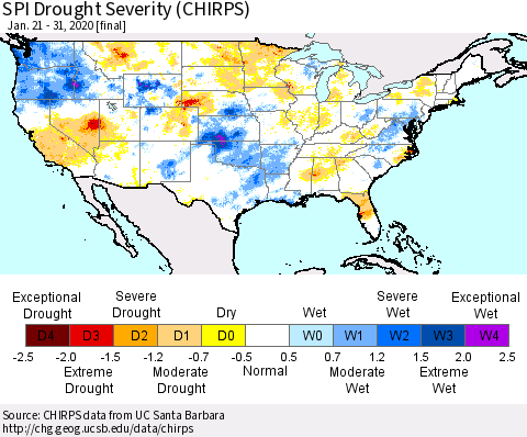 United States SPI Drought Severity (CHIRPS) Thematic Map For 1/21/2020 - 1/31/2020