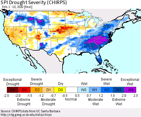 United States SPI Drought Severity (CHIRPS) Thematic Map For 2/1/2020 - 2/10/2020