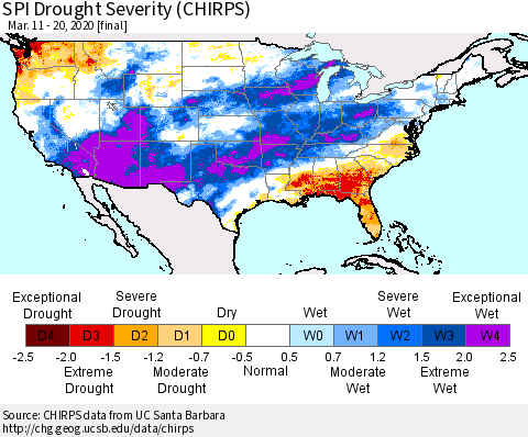 United States SPI Drought Severity (CHIRPS) Thematic Map For 3/11/2020 - 3/20/2020