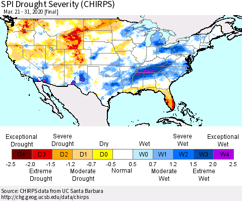 United States SPI Drought Severity (CHIRPS) Thematic Map For 3/21/2020 - 3/31/2020