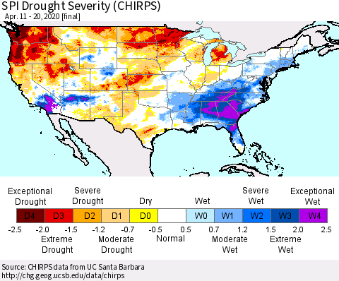 United States SPI Drought Severity (CHIRPS) Thematic Map For 4/11/2020 - 4/20/2020