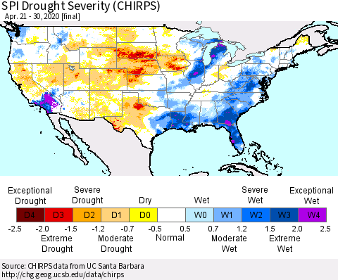 United States SPI Drought Severity (CHIRPS) Thematic Map For 4/21/2020 - 4/30/2020