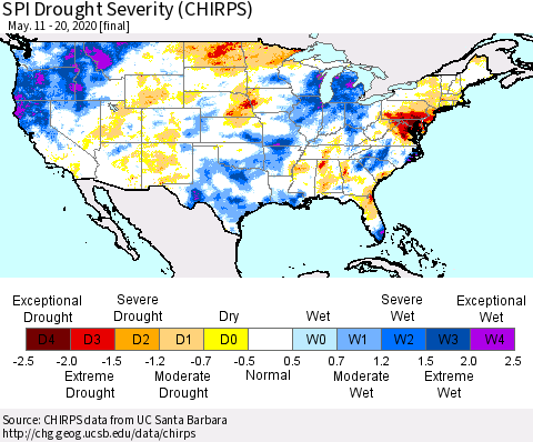United States SPI Drought Severity (CHIRPS) Thematic Map For 5/11/2020 - 5/20/2020
