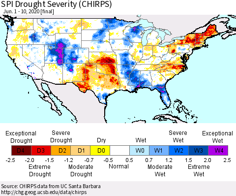United States SPI Drought Severity (CHIRPS) Thematic Map For 6/1/2020 - 6/10/2020